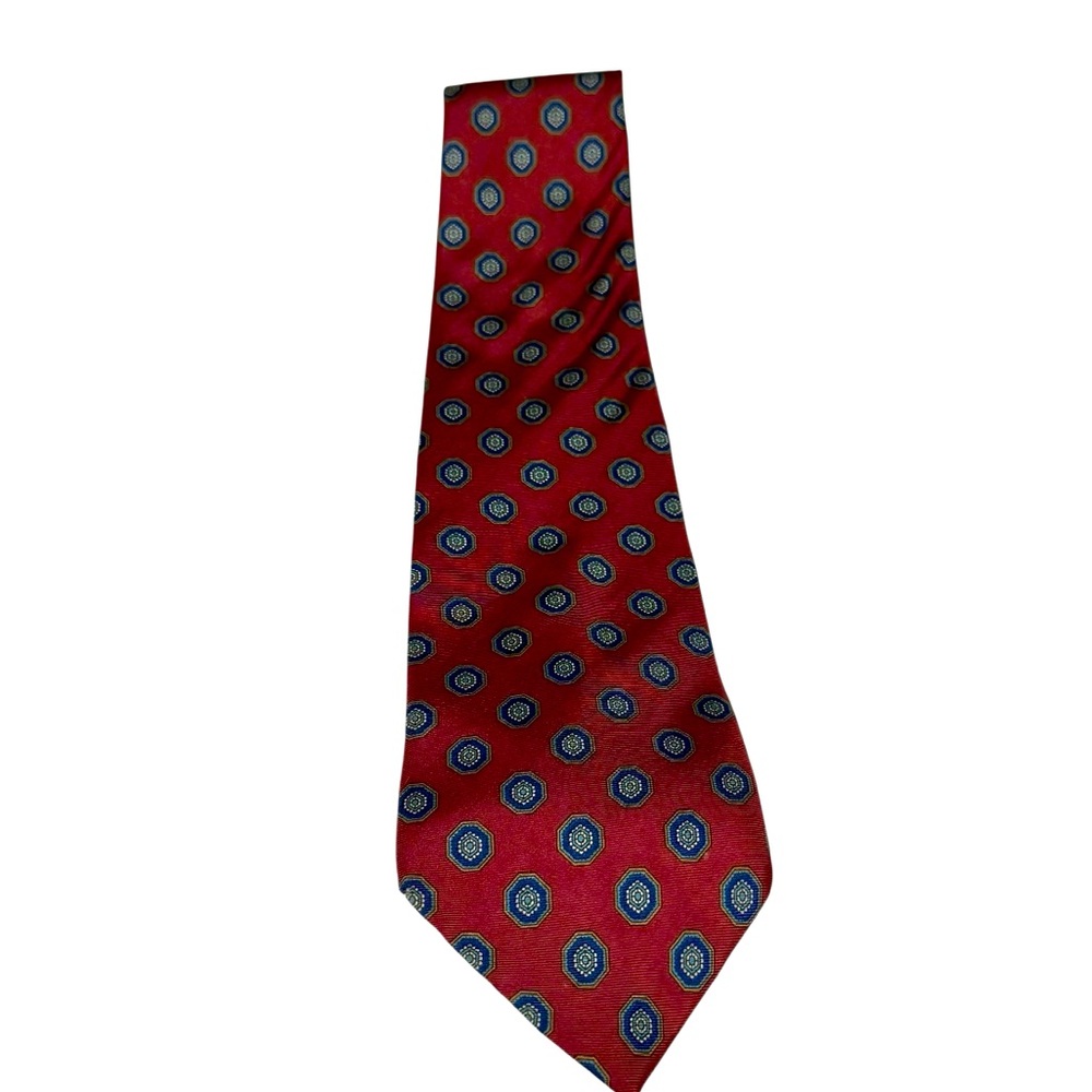 Mario Valentino Silk Italian Burgundy and Blue Medallion Printed Mens Tie